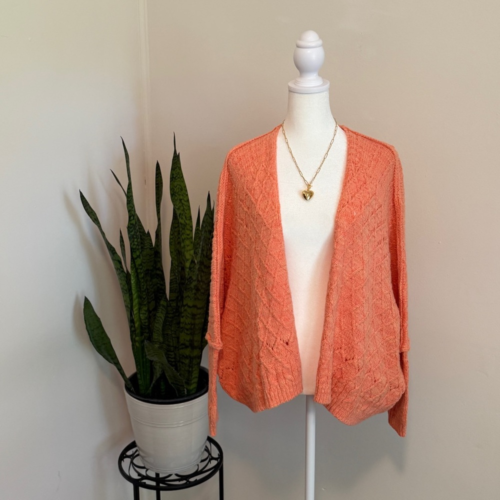 Free People | Textured Knit Open Front Cardigan, "Pinched Cheeks Combo" Coral - Picture 1 of 10